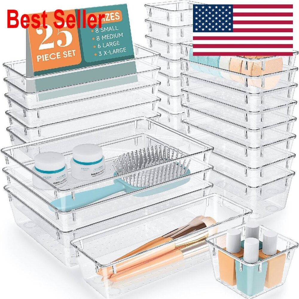 Clear Plastic Drawer Organizer Set 25 Pcs Stackable Minimal Storage Bins